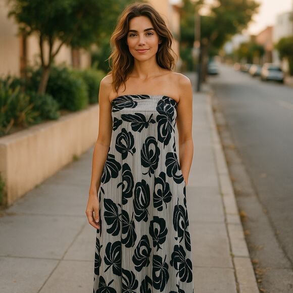 Soma Womens Strapless Striped Floral Dress Medium Black Gray White - Picture 1 of 5